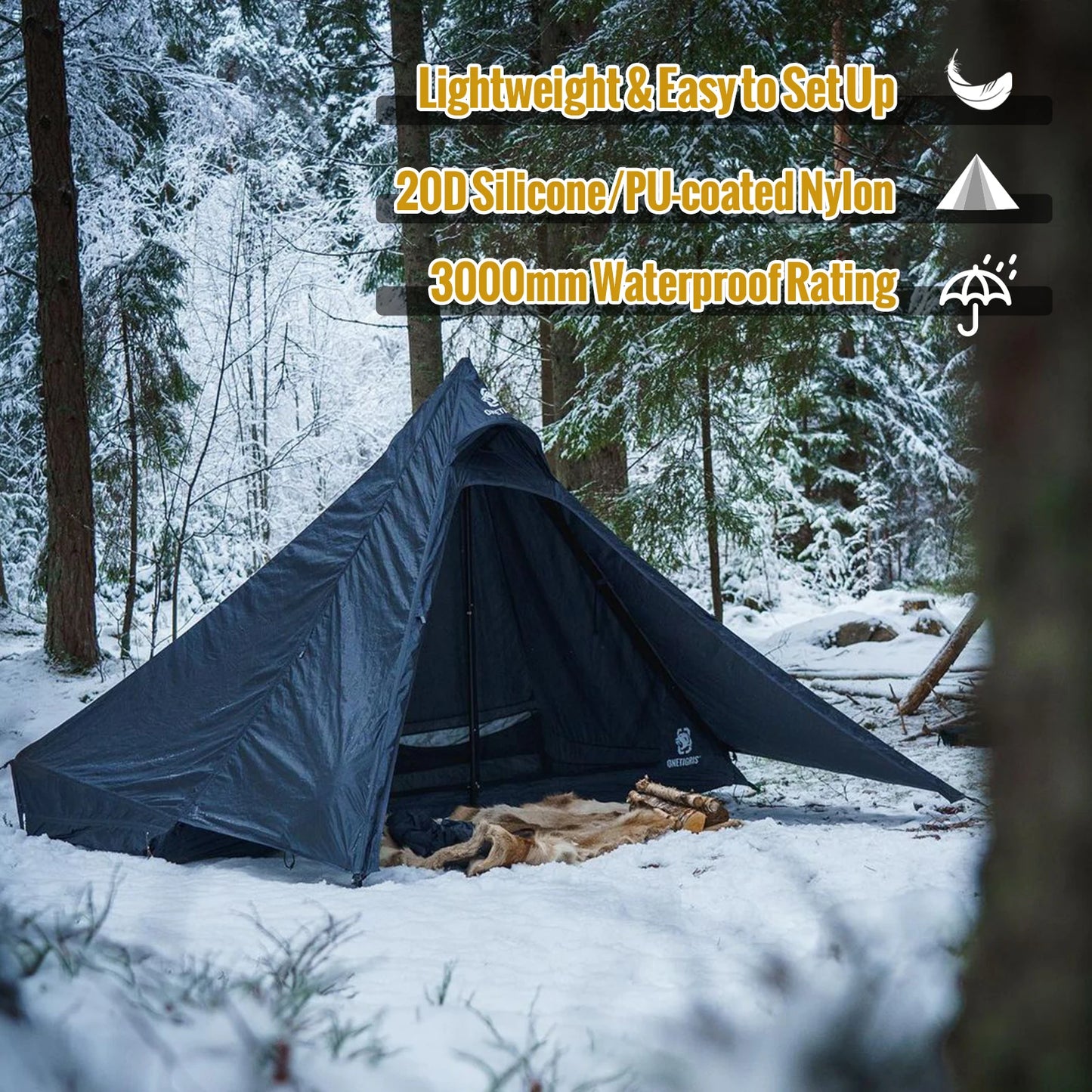 OneTigris TETRA Camping Tent 1-2 Person 3000mm Waterproofed Lightweight Backpacking Tipi Tent | Inner Mesh Tent Option Available