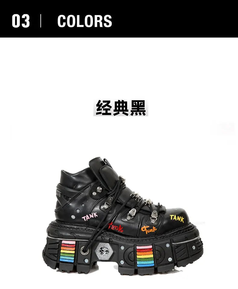 Fashion Men's Genuine Leather Punk New Motorcycle Boots Spanish Tank Metal High-Top Platform Women Handmade Ankle Shoes