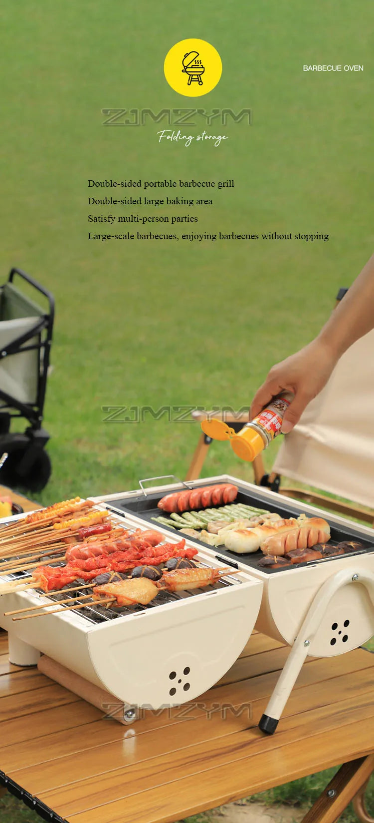 Double Sided Charcoal Grill Multi-Functional Portable Outdoor BBQ Grill Roasted Fried Chimney Stove For Cooking Camping Picnics