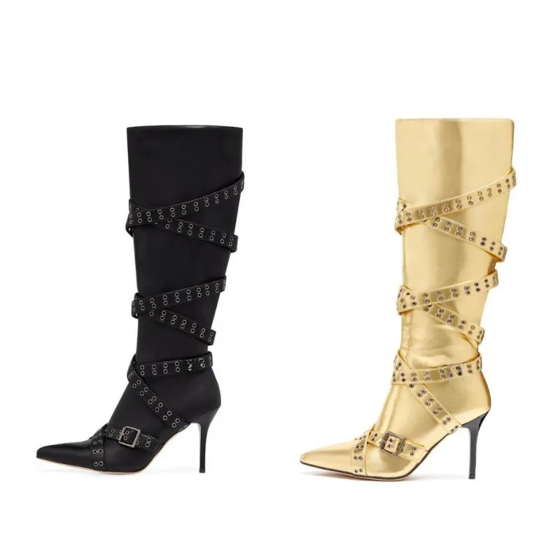 Brand Cross Strap Riveted Retro Silvery Knee High Boots New Spicy Girl Pointed High Heel Motorcycle Boots Fashion Women Shoes