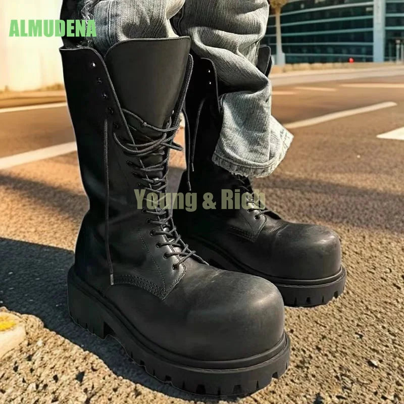 Black Leather Motorcycle Men's Boots Leather Shoes Thick Heel Round Toe Height Increasing Lace Up Work Boots Botas Mujer
