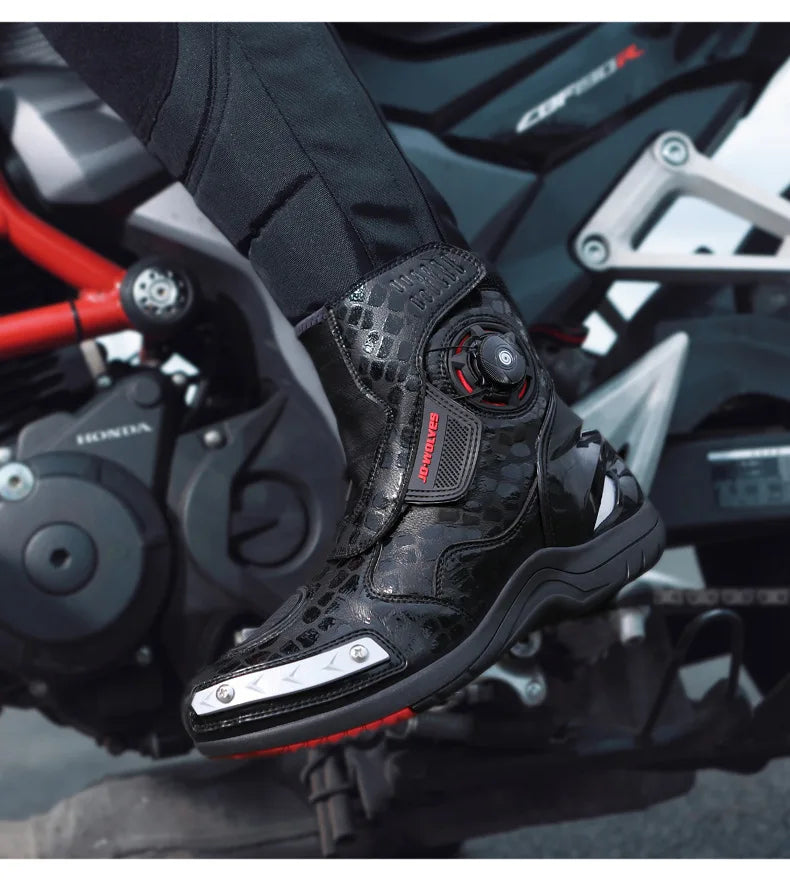 Motorcycle Boots Man Waterproof Studded Boots Hook and Loop Fasteners Wear-Resistant Motorcycle Shoes Anti-Slip Anti-Fall