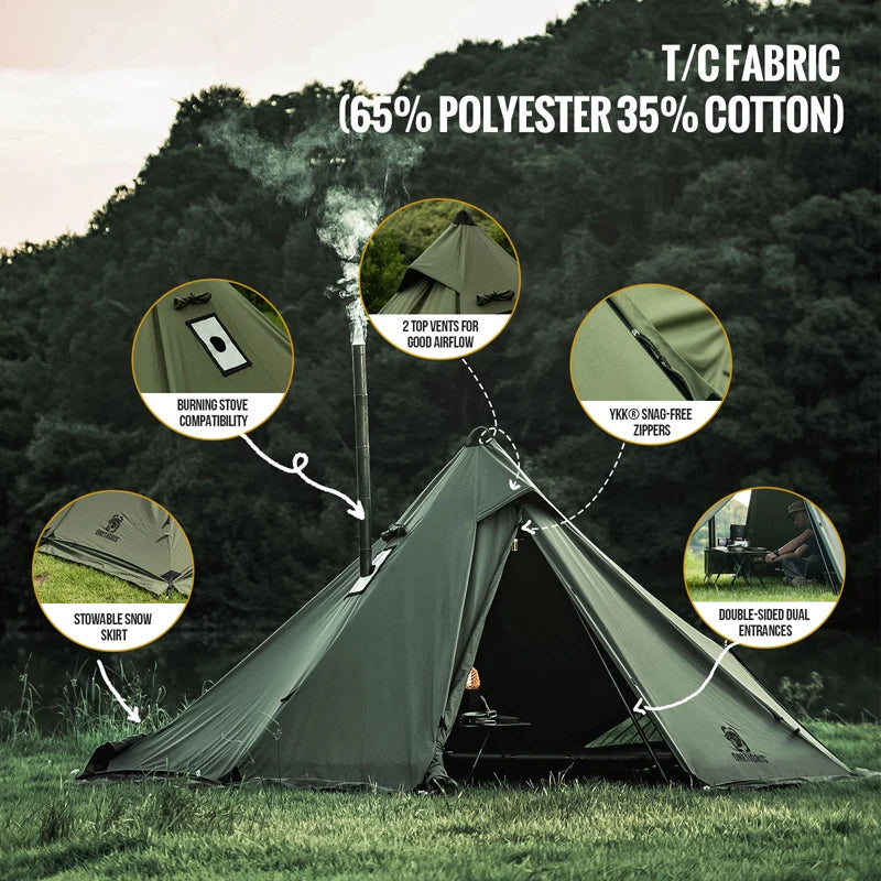 OneTigris CONIFER T/C Chimney Tent 1-2 persons Pyramid/Teepee Hot Tent With Tent Poles Snow Skirts for Camping & Bushcrafting