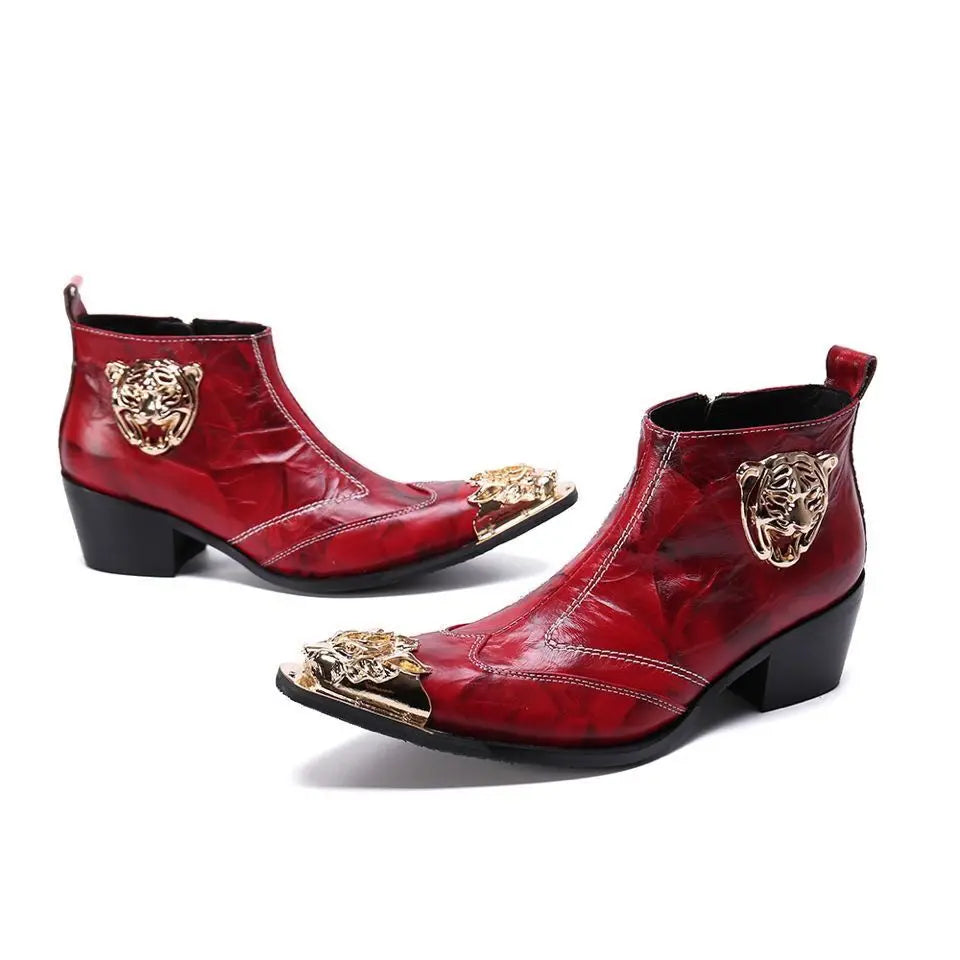 Western men's booties leather shoes pointy brown leather ankle boots men's zipper 6.5cm high heels motorcycle shoes