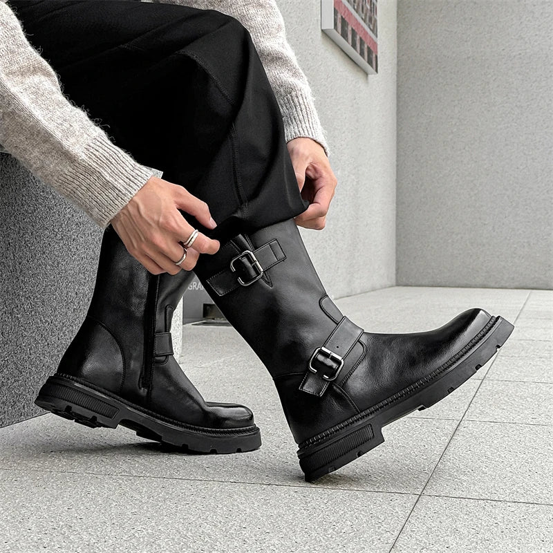 men casual cosplay nightclub long knight boots genuine leather platform shoes vintage cowboy high boot designer motorcycle botas