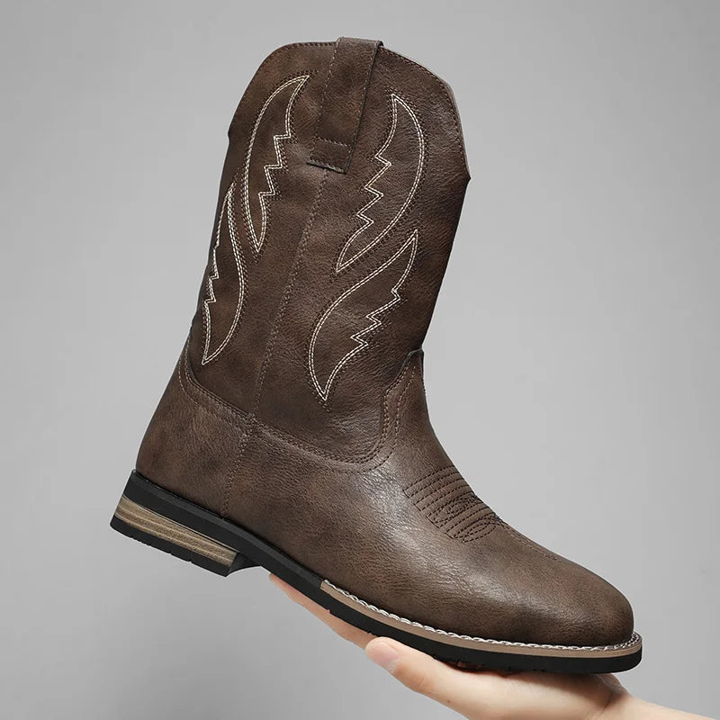 Western Style Cowboy Chelsea Boots Vintage Mid-calf Boots Pointed Toes Classical Shoes Genuine Leather Worker Winter Booties