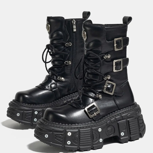 Women's 2025 New Niche Internet Celebrity Muffin Platform Locomotive Punk Goth Lace-up Medium Boots