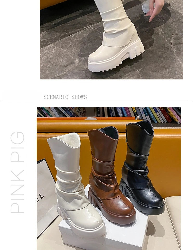 9CM Women Mid Calf Boots Autumn Winte Soft Leather Motorcycle Boots High Platform Square Heels Ladies Chunky Shoes Botas Mujer
