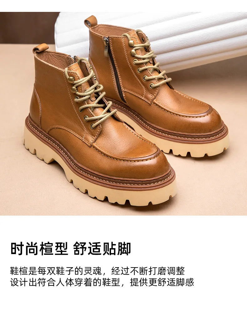Men's Motorcycle Boots Genuine Leather High Top Motorbike Ankle Boots Thick Soled Vintage Round Toe Casual Punk Dress Shoes