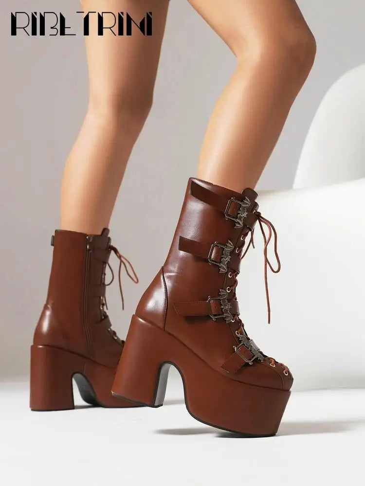 Punk Goth Women Motorcycle Boots Block High Heels Platform Shoes  Woman 2024 New Brand Luxury Fashion Design Cool Street Boots