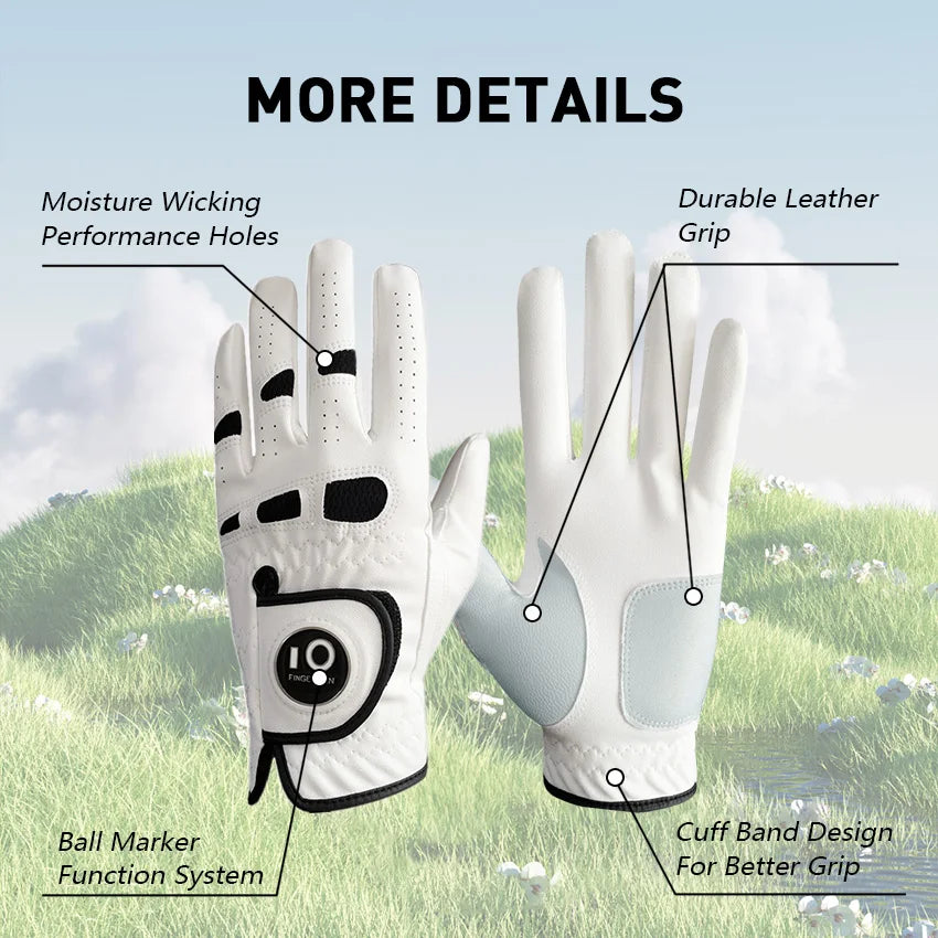6 Pcs Premium Comfortable Golf Gloves Men Cabretta Leather with Ball Marker Left Hand Right Grip Cadet Size S M ML L XL