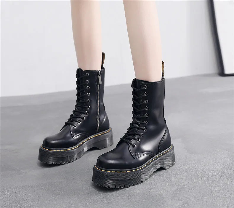 Women Boots Genuine Leather Platform Boots Motorcycle Designer Shoes Woman Zipper Optical Soles Fashion Sexy Punk Long Boots 39