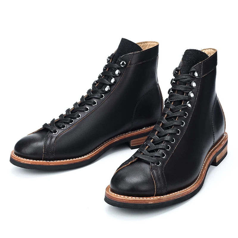 Cowhide High Top Motorcycle Boots Vintage Men Moto Ankle Boots Motocross Thick Soled Riding Boots Walking Shoes Moto Equipment