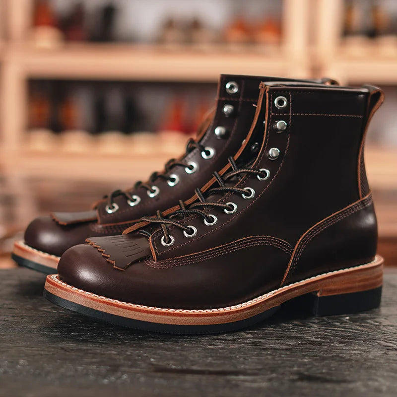 Men's Vintage Motorcycle Boots Cowhide Leather High Top Motorbike Boots Motocross Riding Boots Walking Shoes Thick Soled 38-44