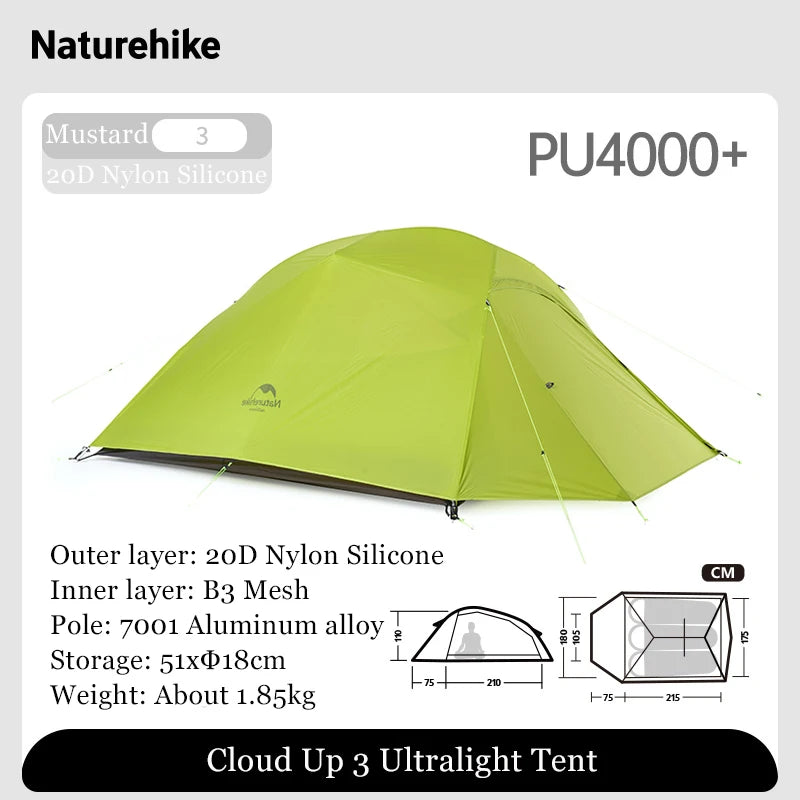Naturehike Outdoor Upgrade Cloud Up 2 3 Person Tent 20D Nylon Silicone Double Layer Aluminum Pole Ultralight Camping Hiking Tent