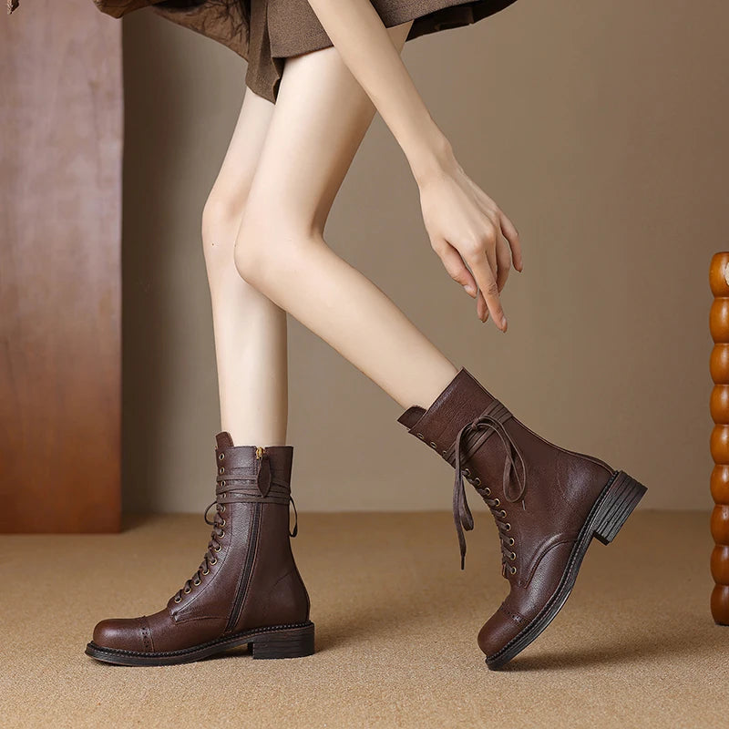 2025 New Autumn Winter Genuine Leather Women Shoes Lace-up Chelsea Women Boots Ankle Boots Chunky Boots Western Women Shoes