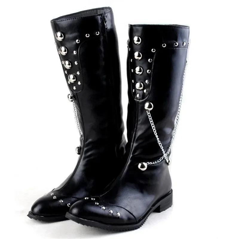Men Motorcycle Leather Boots,Black Fashion Stage Boots Punk Over Knee High Boots Waterproof Snow Boots Equestrian Gothic Boots