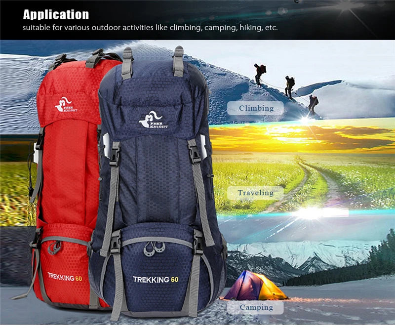 60L Camping Hiking Backpacks Men Outdoor Tourist Backpacks Nylon Sport Bag for Climbing Travelling with Rain Cover Free Knight