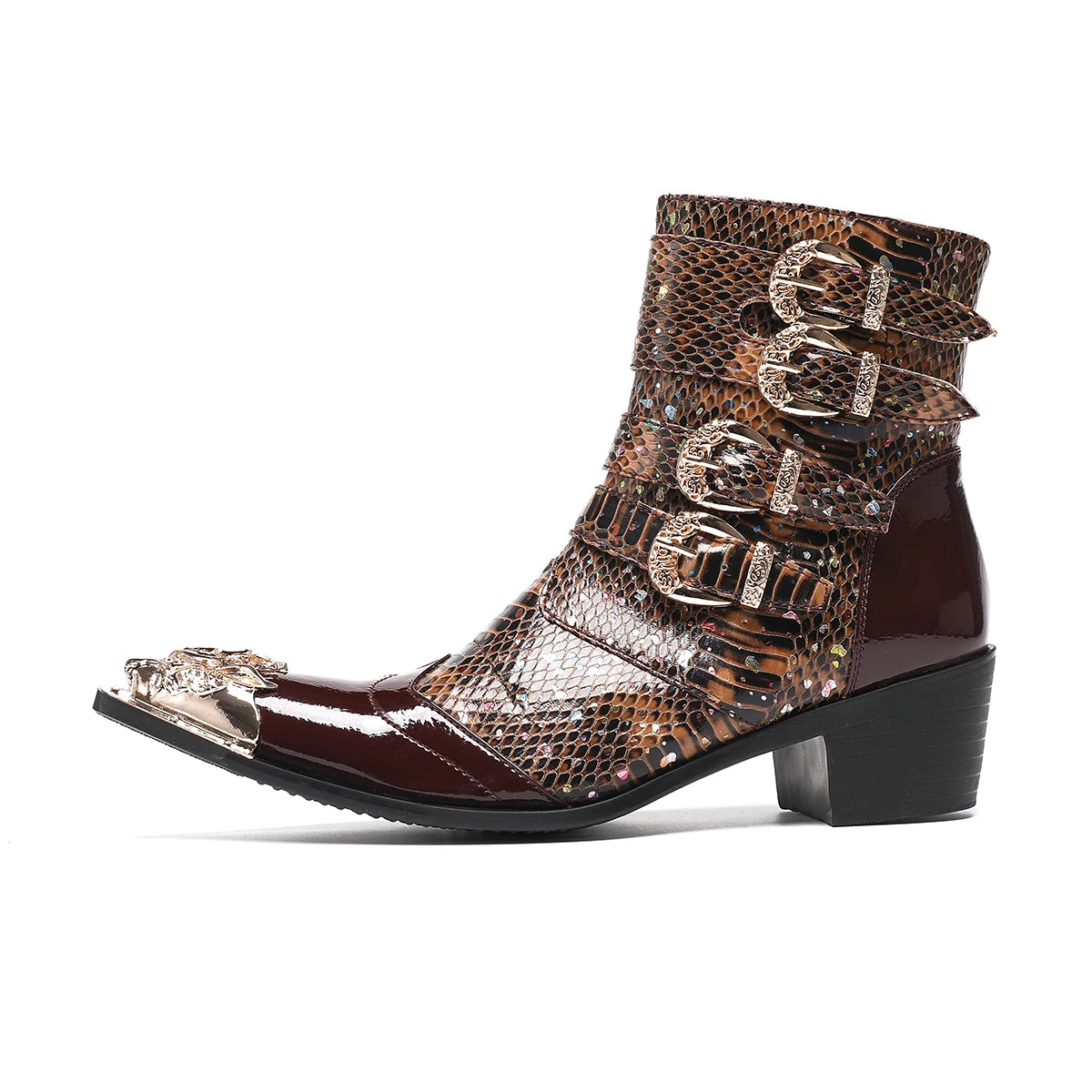 Botas British Metal Pointed Toe Short Boots Male Buckle Cowboy Boots Plus Size Shoes Men Genuine Leather Motorcycle Ankle Boots