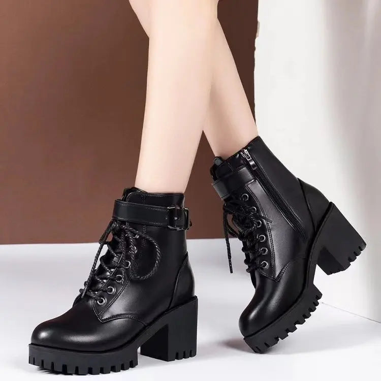 Winter Women's Boots 2025 New Lace Up Boots for Womens Fashion Thick Heel Side Zipper Ankle Boots Warm Female Motorcycle Shoes