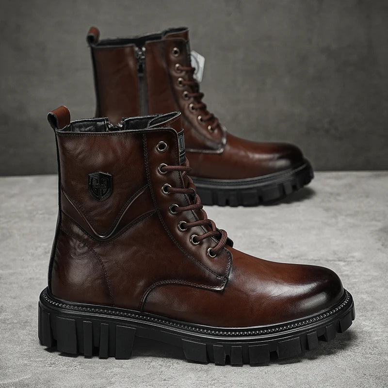 High Quality Brand Men's Leather Casual Shoes Outdoor Workwear Shoes Thick Soled Wear-resistant Men's Motorcycle Boots Handsome