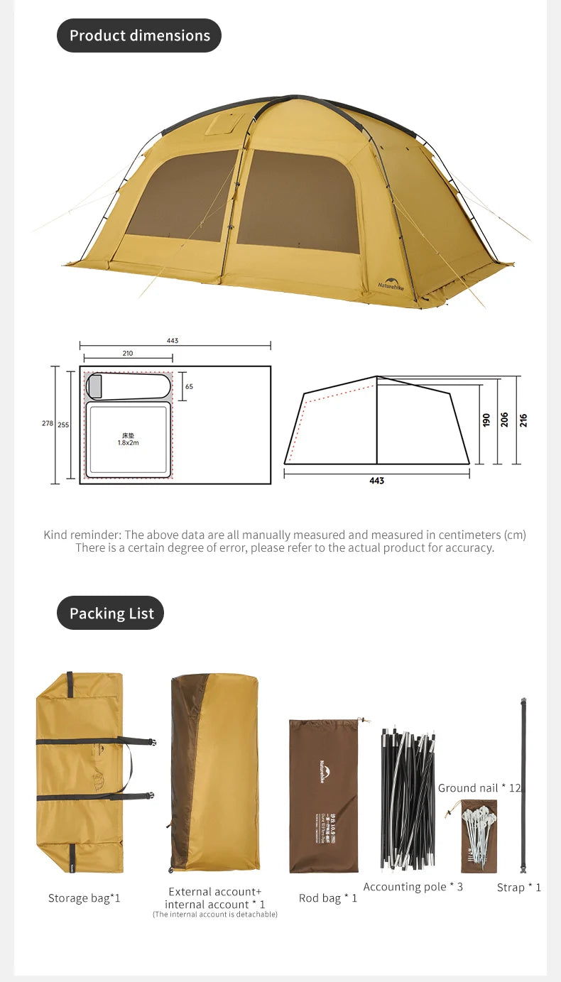 Naturehike Outdoor 4-6 Person Camping Dune 10.9 Tent One Bedroom One Living Room Hiking Tent 75D Nylon Camping Tents Canopy