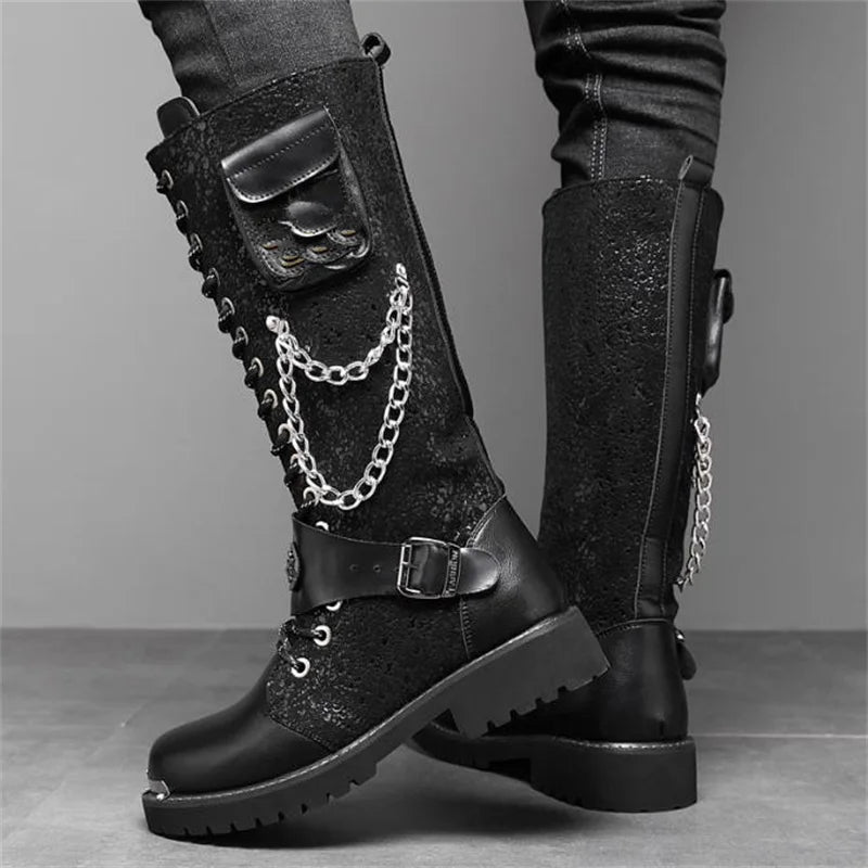 Men Motorcycle Boots Mid-calf Breathable Combat Boots Gothic Belt Punk Boots Men Shoes Hightop Casual  Metal toe boots 38-46