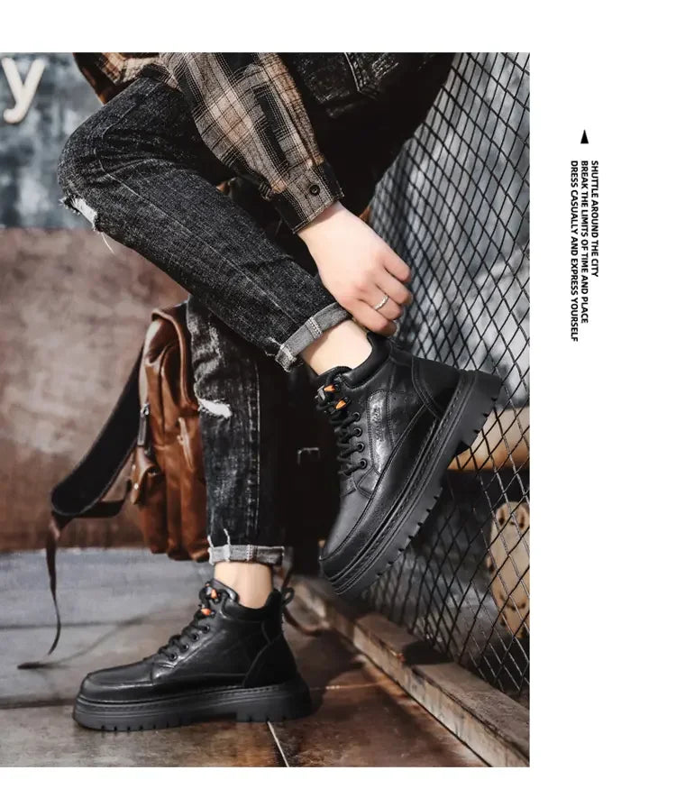 COZOK Men's Shoes Genuine Leather High Top Shoes Male Comfortable Sneakers Motorcycle Boots Male Lace-Up Winter Plush Snow Boots