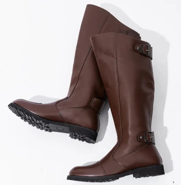 New Arrival Black Long Knee Boots Men Round Toe Buckle High Top Casual PU leather Shoes Man Motorcycle Boots Size 37-46