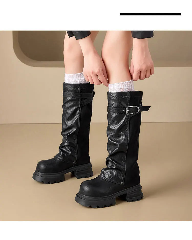 Fujin 8cm Knee High Boots Sexy for Women Platform Heel Motorcycle Booties Punk Genuine Leather Autumn Comfortable Chunky Shoes