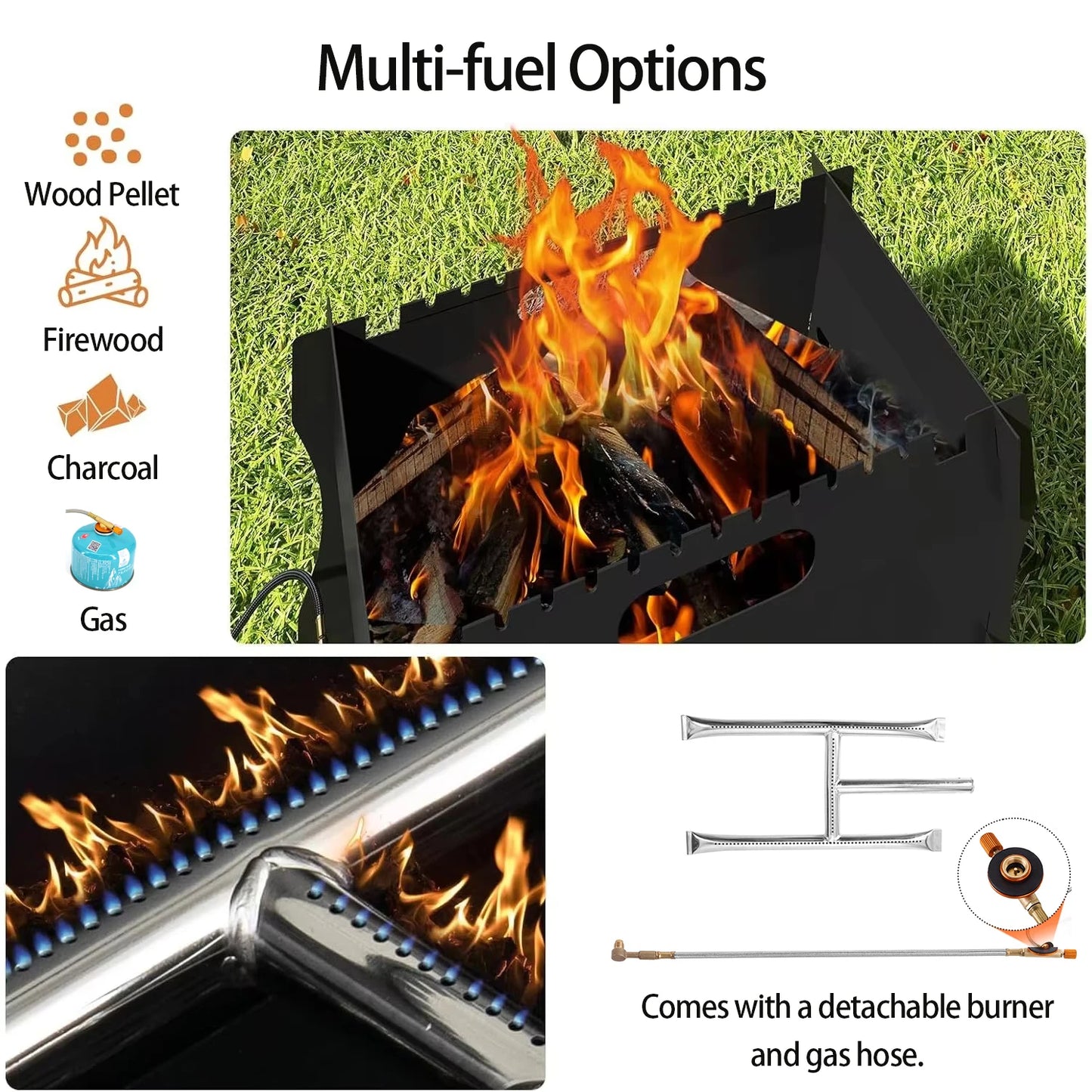 2-in-1 Charcoal Grill & Gas Grill, Small Metal Camping Grill Portable Fire Pit Table Grill with Stainless Steel Grate