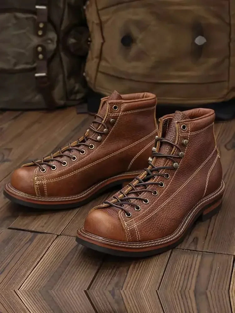 KOWM cowhide Hiking shoes men's trekking boot British ankle casual sneakers trekking shoes thick soled high top motorcycle boots