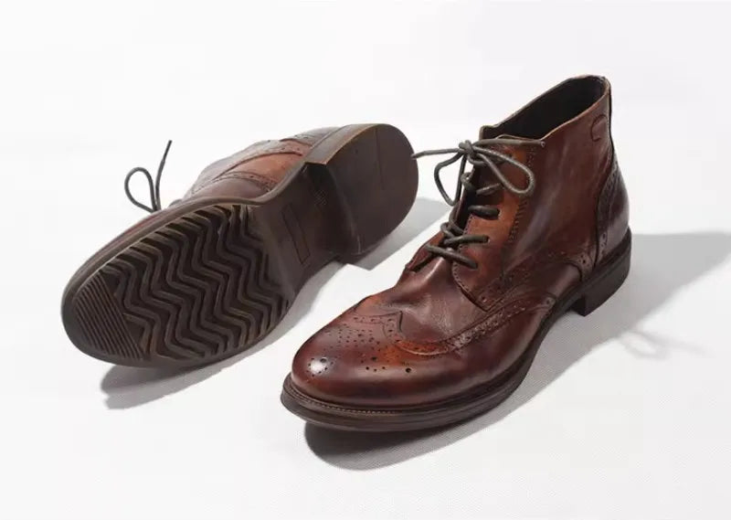 Casual Handmade Vintage Cowhide Genuine Leather Short Boots Men Carving Design High Top Cargo Shoes Men Lace Up Motorcycle Boots