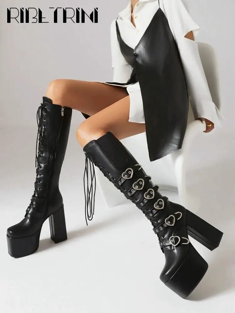 Cool Women Motorcycle Boots High Heeled Knee High Sassy Platform Shoes Lace Up Zip Luxury Designer Brand Winter Street Booties