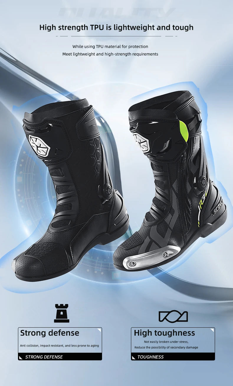 SCOYCO Motorcycle Boots Men Non-slip Anti-fall Professional Motorbike Racing Track Long Boots Mid-Calf Riding Protective Shoes