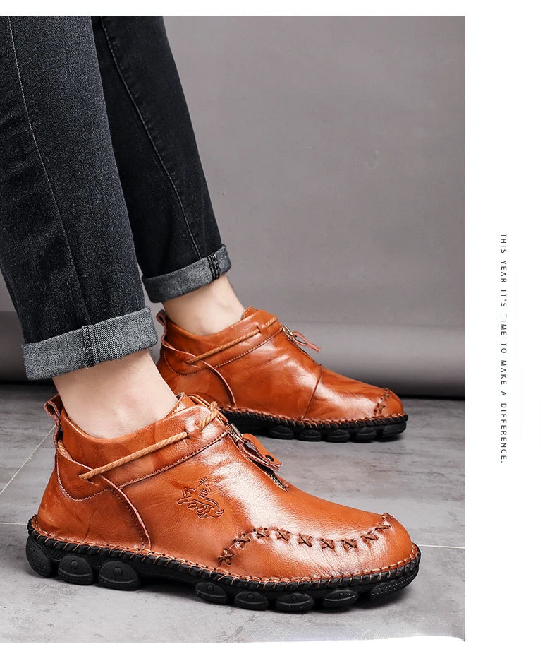 Genuine Leather Shoes Male Luxury High Quality Men Ankle Boots Outdoor Comfortable Casual Shoes Fashion Zip Men Motorcycle Boots