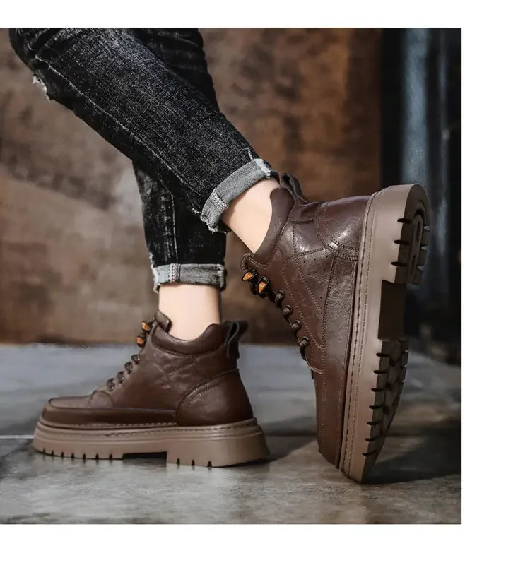 COZOK Men's Shoes Genuine Leather High Top Shoes Male Comfortable Sneakers Motorcycle Boots Male Lace-Up Winter Plush Snow Boots