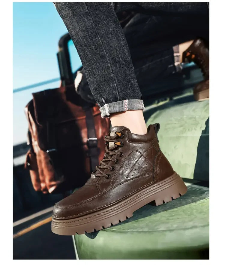 COZOK Men's Shoes Genuine Leather High Top Shoes Male Comfortable Sneakers Motorcycle Boots Male Lace-Up Winter Plush Snow Boots