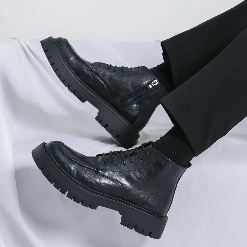 Fashion Men's Genuine Leather Casual Shoes Classic Outdoor Workwear Shoes Men's Motorcycle Boots Handsome Height Increasing