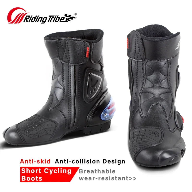 SPEED Botas Motorcycle Riding Boots for Men Rubber Sole Sport Bikes Ankle Protective Motorcycle Shoes with Zipper Closure