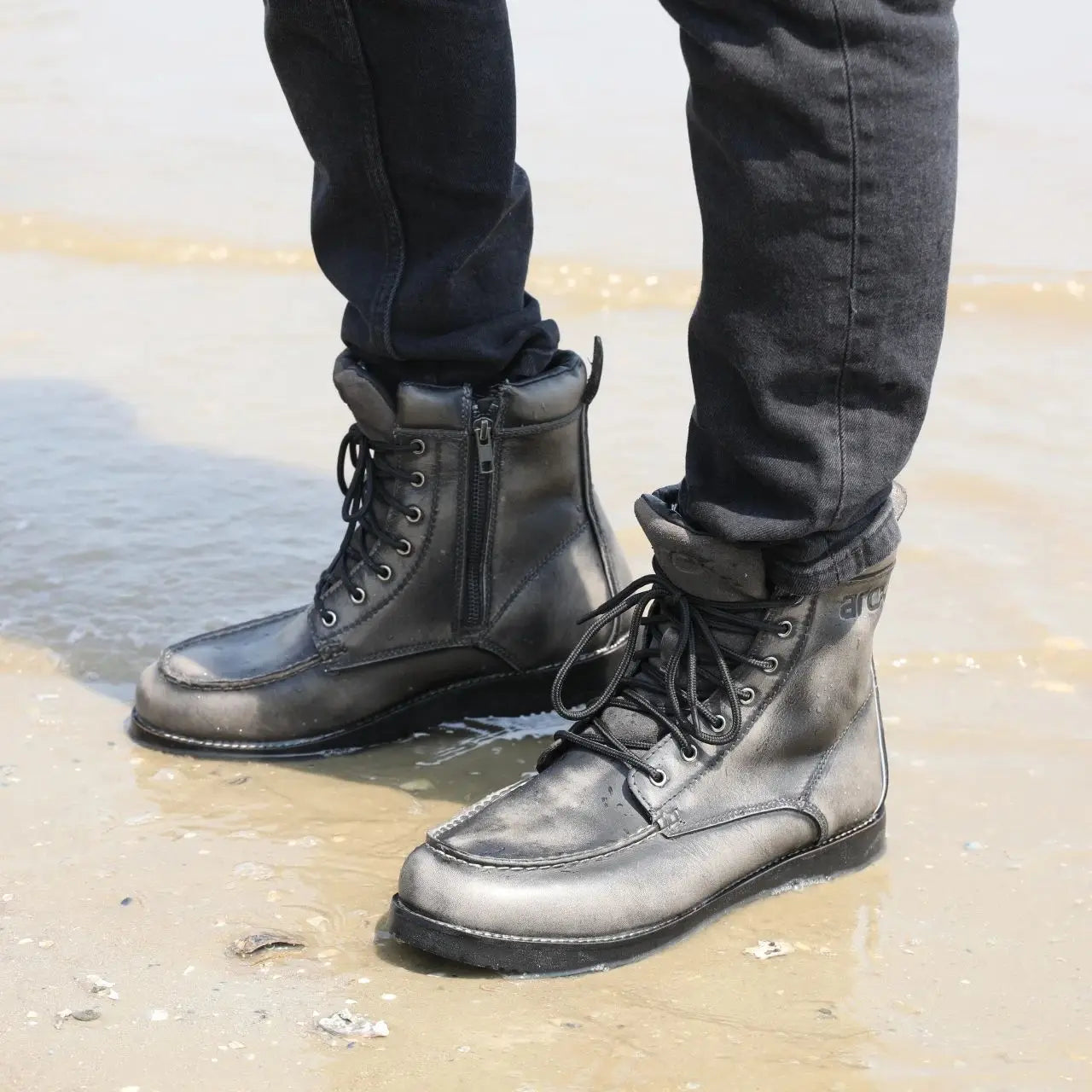 ARCX Men's Vintage Black Genuine Leather Motorcycle Racing Boots, Retro Style Riding Footwear for Men, Durable Cowhide Car Shoe