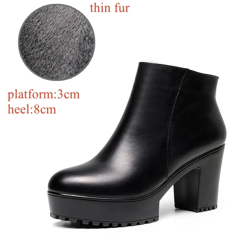 8cm 10cm Small Size 33-43 Thick Bottom Platform Shoes Ankle Boots with Fur 2024 Block High Heels Genuine Leather Boots Office
