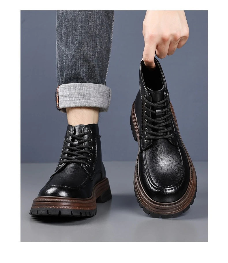 2025 Autumn Winter New Platform Boots for Men Keep Warm Fashion Casual Ankle Boot Male Solid Color Outdoor Cow Leather Shoes Man