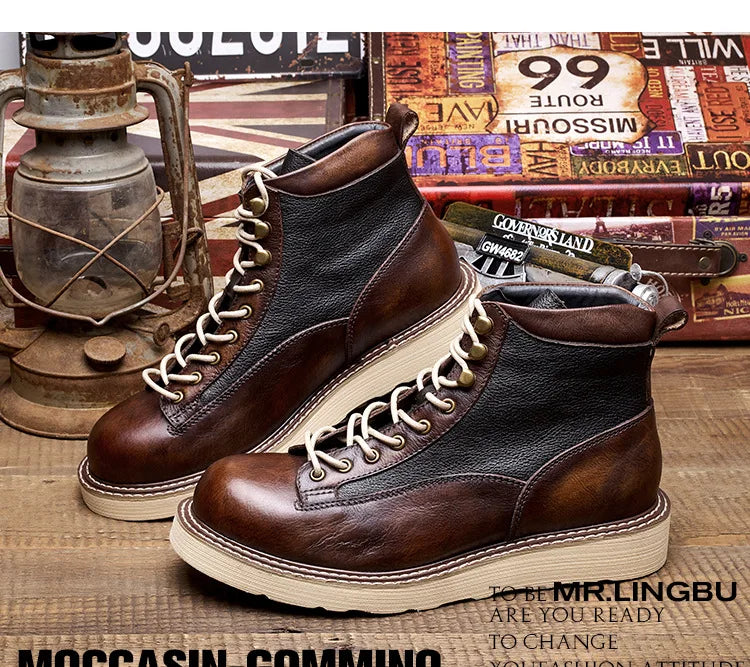 Motorcycle Riding Boots Short Face British High Top Leather Boots Retro Short Boots Velvet Style Casual Workwear Shoes