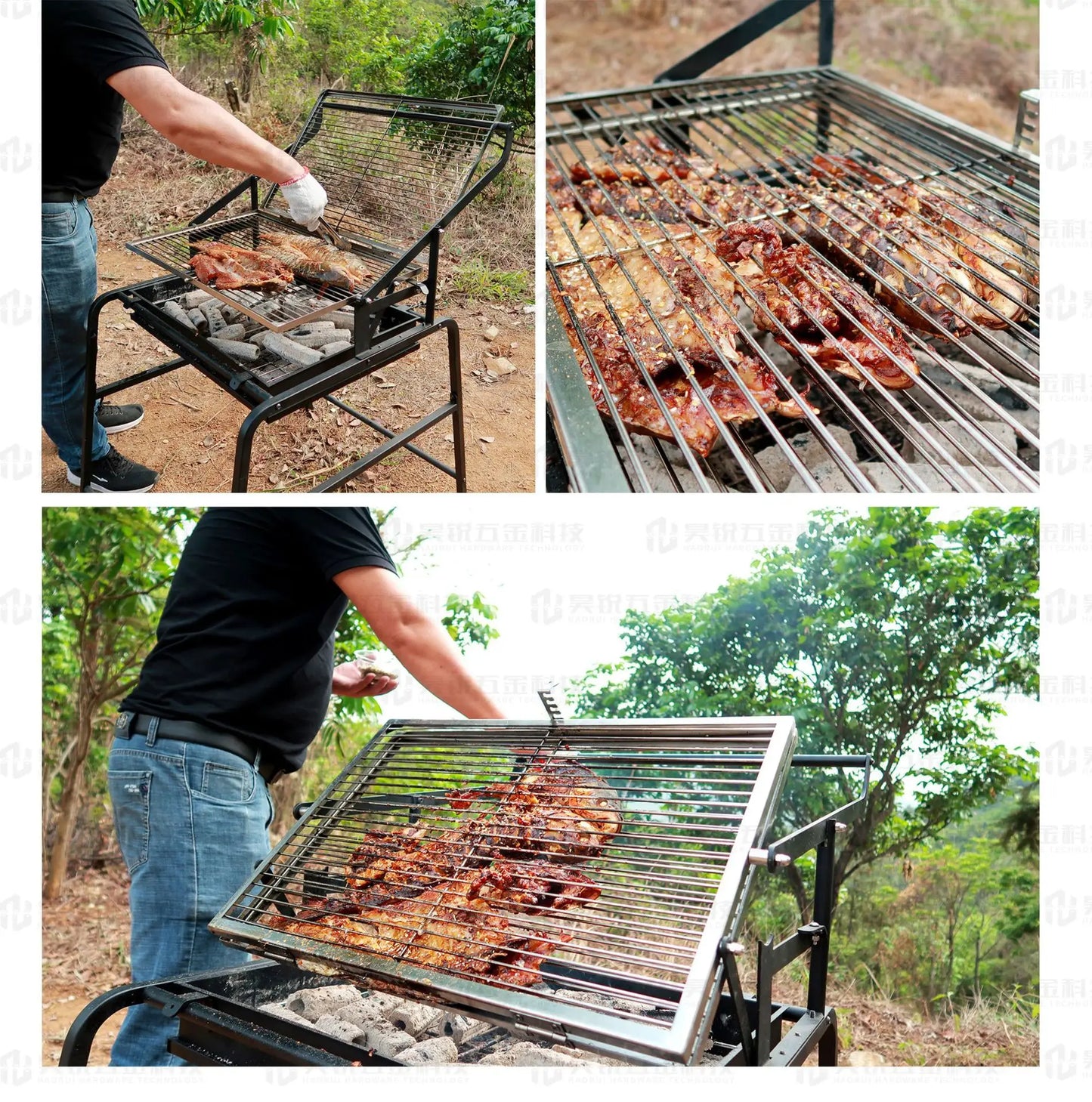 Outdoor dismantling of BBQ charcoal chicken flipping and rotating grill mesh frame for courtyard  beef oven,