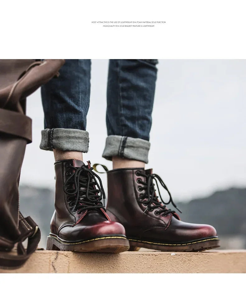 New Couple Boots Genuine Leather Motorcycle Shoes Breathable Waterproof Anti-Slip Warm Cotton Men's Women's Fashion Ankle Boots