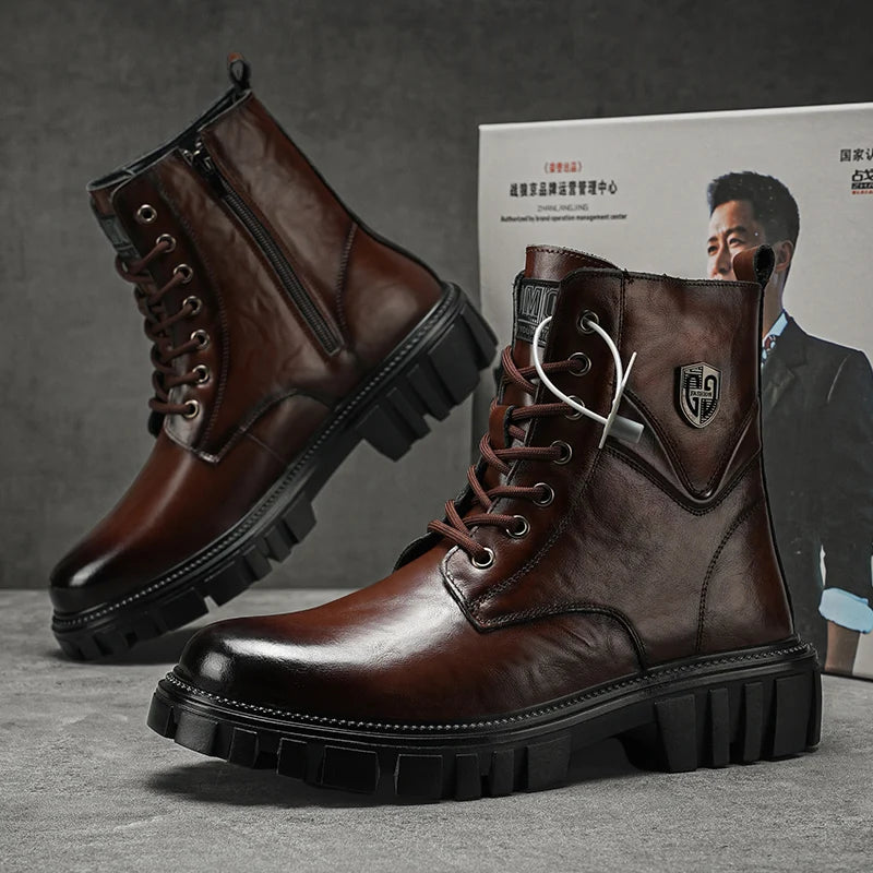 High Quality Brand Men's Leather Casual Shoes Outdoor Workwear Shoes Thick Soled Wear-resistant Men's Motorcycle Boots Handsome