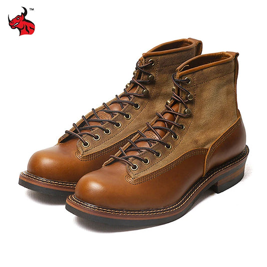 Retro Mens Motorcycle Boots Genuine Cowhide Leather Motorbike Riding Boots Vintage Hight-Top Moto Boots Motocross Ankle Shoes