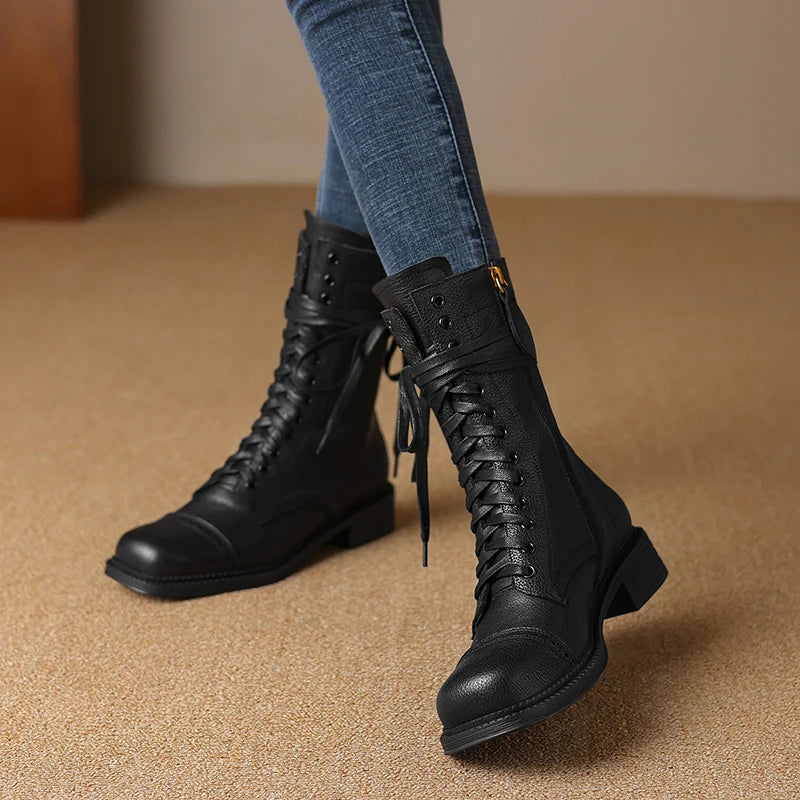 2025 New Autumn Winter Genuine Leather Women Shoes Lace-up Chelsea Women Boots Ankle Boots Chunky Boots Western Women Shoes