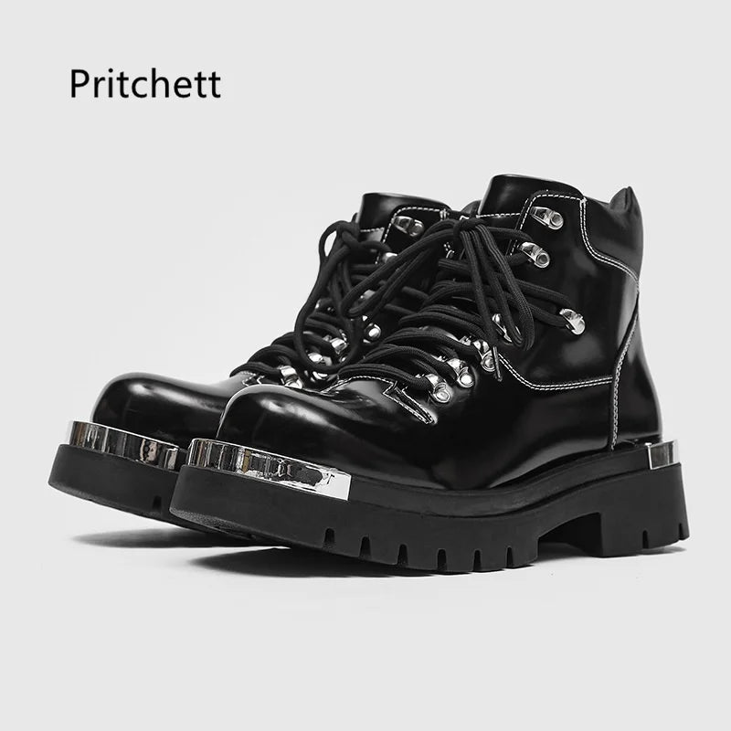 Black Patent Leather Men's Boots Thick Soles Punk Style Women Rivet Metal Decoration Motorcycle Boots Autumn Winter Couple Shoes